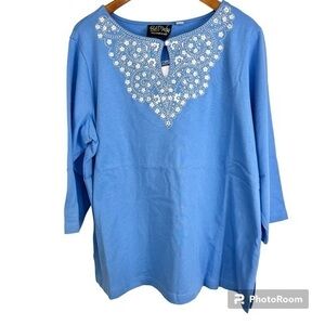 NWT Bob Mackie Light Blue Embroidered Business Casual Stretch Shirt Size 1X